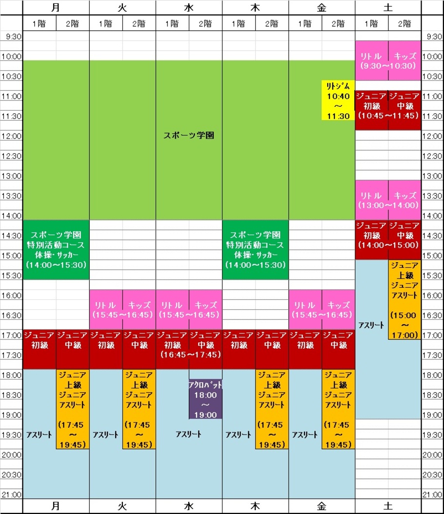 大阪体操クラブコース時間割